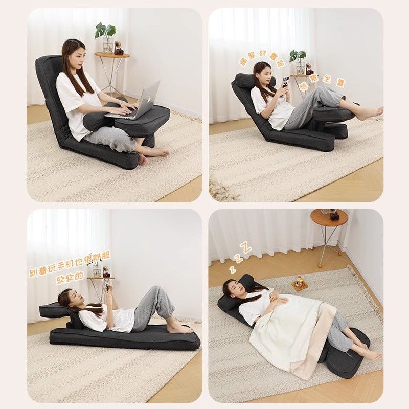 Modern Simplicity Cotton-Linen Square Lazy Sofa Tatami With Adjustable Backrest & Foldable Table For Bedroom & Bay Window