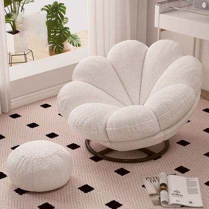 Contemporary Nordic Lambswool Carbon Steel Petal-Shaped Swivel Lounge Chair With Backrest & Footrest For Living Room & Bedroom