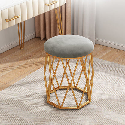 Contemporary Nordic Iron Velvet & Tech Fabric Round Vanity Stool With Diamond Legs For Bedroom