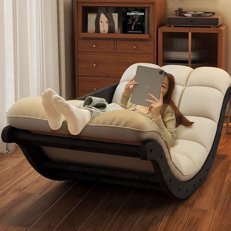 Contemporary Nordic Faux Leather Cotton-Linen & Wood Moon Boat Rocking Chair Recliner With Backrest For Living Room & Bedroom
