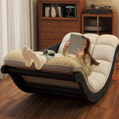 Contemporary Nordic Faux Leather Cotton-Linen & Wood Moon Boat Rocking Chair Recliner With Backrest For Living Room & Bedroom