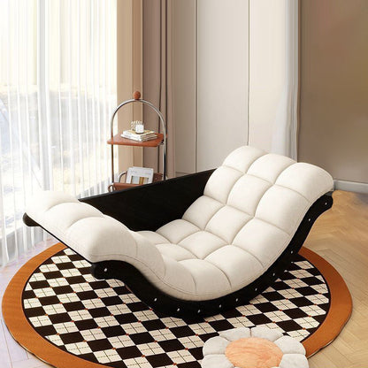 Contemporary Nordic Faux Leather Cotton-Linen & Wood Moon Boat Rocking Chair Recliner With Backrest For Living Room & Bedroom