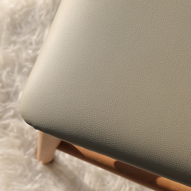 Contemporary Nordic Oak PU Leather Square Vanity Stool With Backrest & Footrest For Bedroom & Dining Room