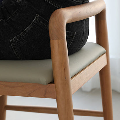 Contemporary Nordic Oak PU Leather Square Vanity Stool With Backrest & Footrest For Bedroom & Dining Room