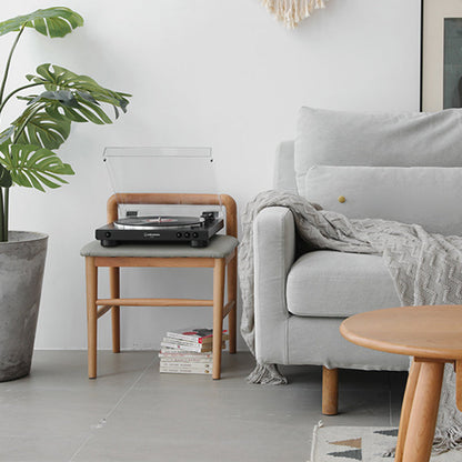 Contemporary Nordic Oak PU Leather Square Vanity Stool With Backrest & Footrest For Bedroom & Dining Room