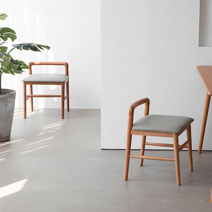 Contemporary Nordic Oak PU Leather Square Vanity Stool With Backrest & Footrest For Bedroom & Dining Room
