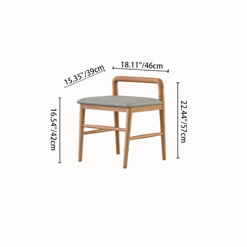 Contemporary Nordic Oak PU Leather Square Vanity Stool With Backrest & Footrest For Bedroom & Dining Room