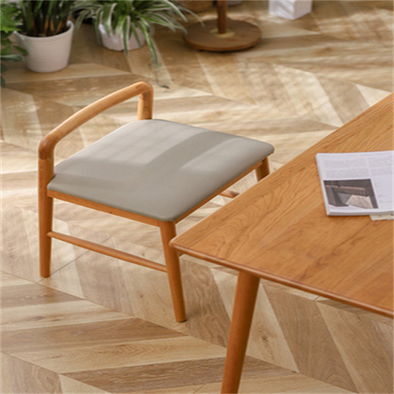 Contemporary Nordic Oak PU Leather Square Vanity Stool With Backrest & Footrest For Bedroom & Dining Room