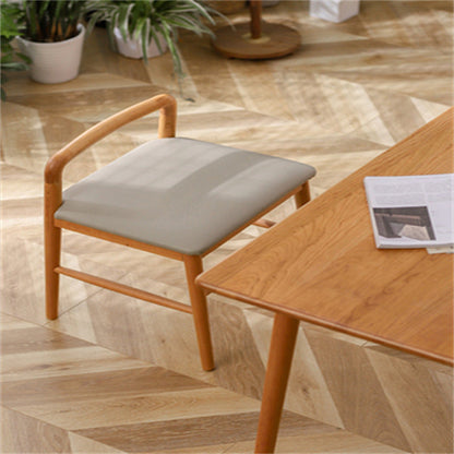 Contemporary Nordic Oak PU Leather Square Vanity Stool With Backrest & Footrest For Bedroom & Dining Room