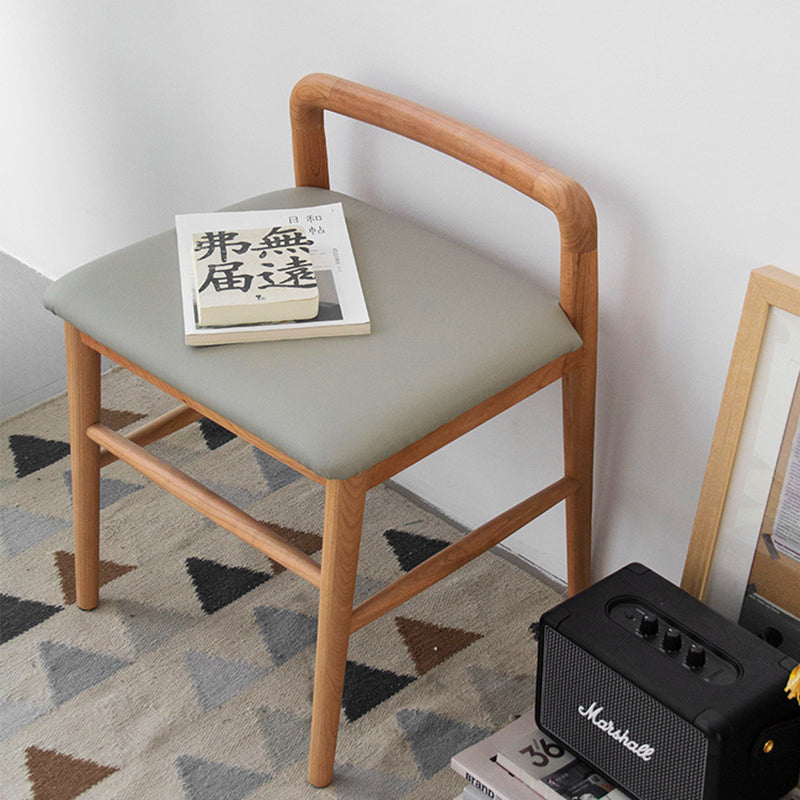 Contemporary Nordic Oak PU Leather Square Vanity Stool With Backrest & Footrest For Bedroom & Dining Room