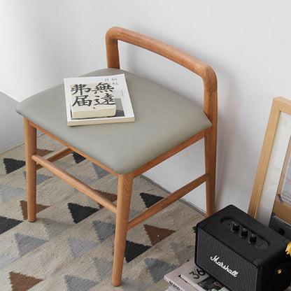 Contemporary Nordic Oak PU Leather Square Vanity Stool With Backrest & Footrest For Bedroom & Dining Room