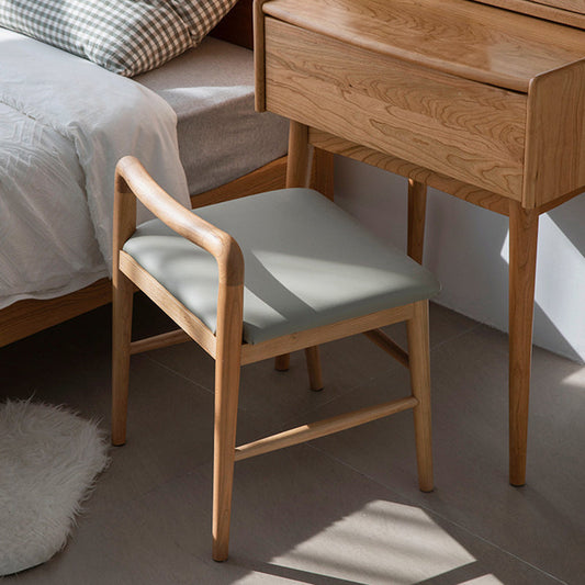 Contemporary Nordic Oak PU Leather Square Vanity Stool With Backrest & Footrest For Bedroom & Dining Room