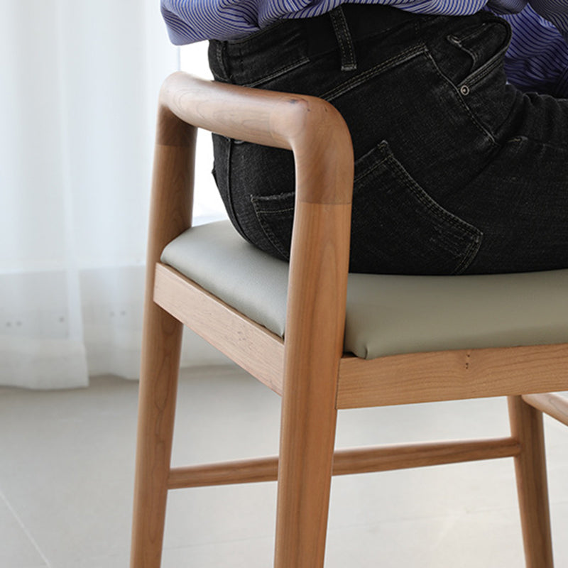 Contemporary Nordic Oak PU Leather Square Vanity Stool With Backrest & Footrest For Bedroom & Dining Room