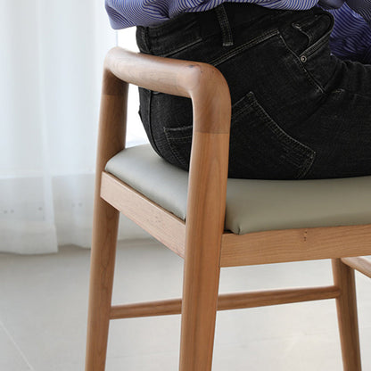 Contemporary Nordic Oak PU Leather Square Vanity Stool With Backrest & Footrest For Bedroom & Dining Room