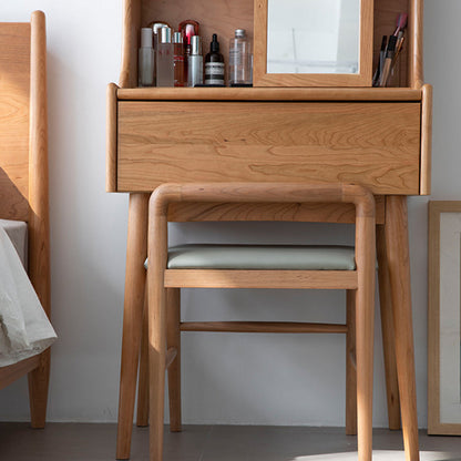 Contemporary Nordic Oak PU Leather Square Vanity Stool With Backrest & Footrest For Bedroom & Dining Room