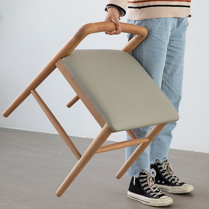 Contemporary Nordic Oak PU Leather Square Vanity Stool With Backrest & Footrest For Bedroom & Dining Room