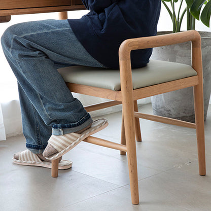 Contemporary Nordic Oak PU Leather Square Vanity Stool With Backrest & Footrest For Bedroom & Dining Room