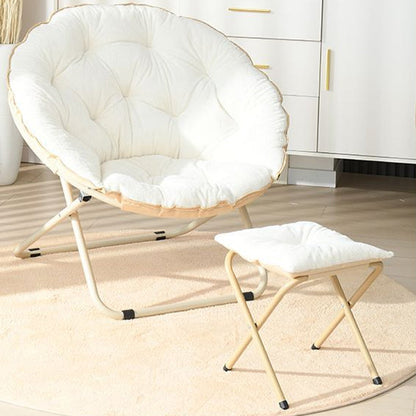 Modern Minimalist Plush Cotton Steel Round Foldable Lounge Chair With Backrest & Footrest For Living Room & Bedroom