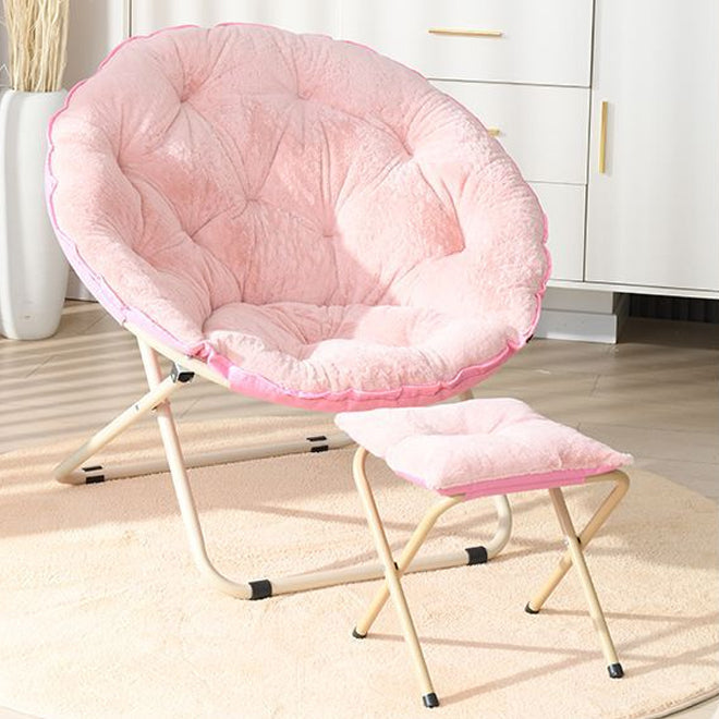 Modern Minimalist Plush Cotton Steel Round Foldable Lounge Chair With Backrest & Footrest For Living Room & Bedroom