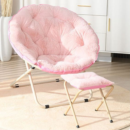 Modern Minimalist Plush Cotton Steel Round Foldable Lounge Chair With Backrest & Footrest For Living Room & Bedroom