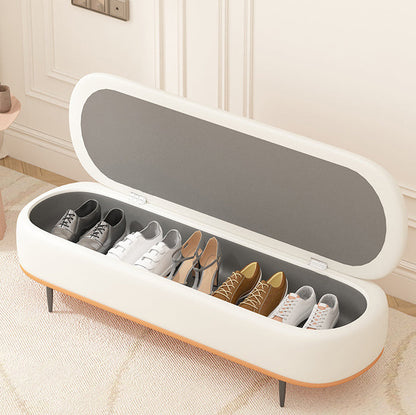 Contemporary Nordic Faux Leather Wood Carbon Steel Oval Storage Bench With Backrest For Bedroom & Entryway
