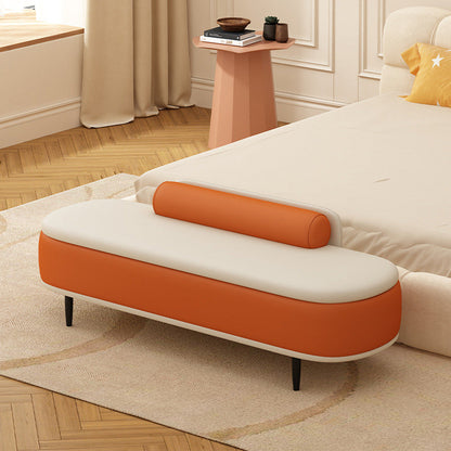 Contemporary Nordic Faux Leather Wood Carbon Steel Oval Storage Bench With Backrest For Bedroom & Entryway