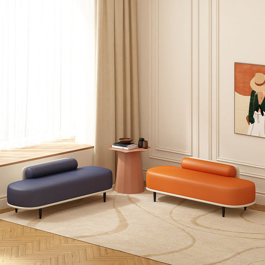 Contemporary Nordic Faux Leather Wood Carbon Steel Oval Storage Bench With Backrest For Bedroom & Entryway