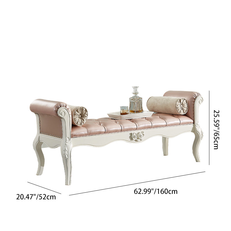 Traditional European Fabric Microfiber Leather & Solid Wood Rectangular Shoe Bench With Armrests For Bedroom