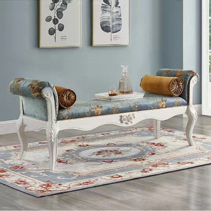 Traditional European Fabric Microfiber Leather & Solid Wood Rectangular Shoe Bench With Armrests For Bedroom