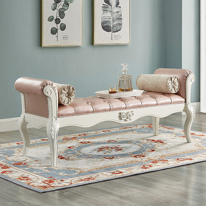 Traditional European Fabric Microfiber Leather & Solid Wood Rectangular Shoe Bench With Armrests For Bedroom