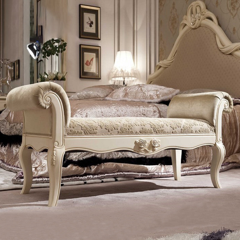 Traditional European Fabric Microfiber Leather & Solid Wood Rectangular Shoe Bench With Armrests For Bedroom