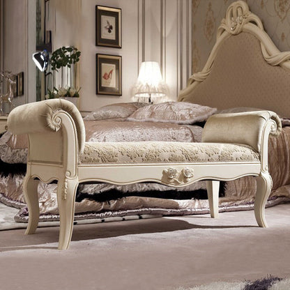Traditional European Fabric Microfiber Leather & Solid Wood Rectangular Shoe Bench With Armrests For Bedroom