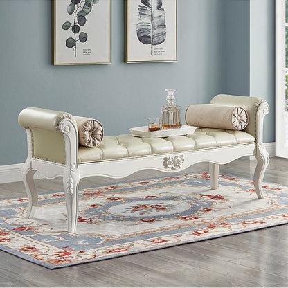 Traditional European Fabric Microfiber Leather & Solid Wood Rectangular Shoe Bench With Armrests For Bedroom