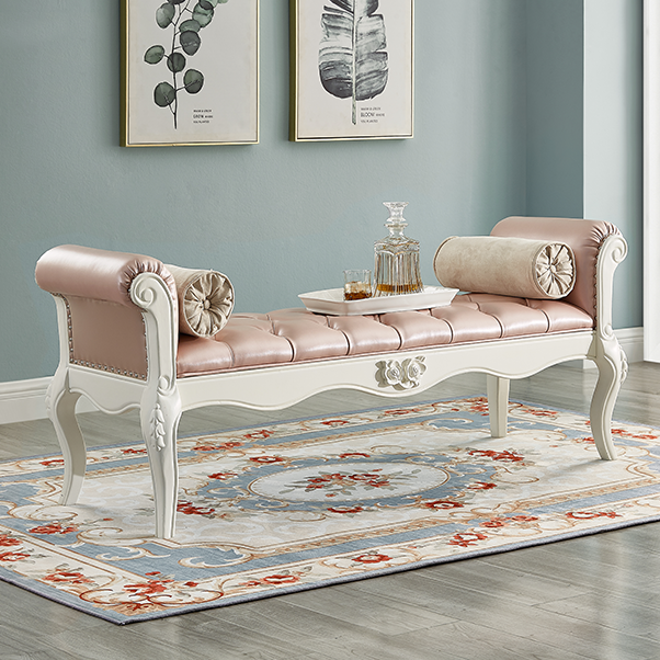 Traditional European Fabric Microfiber Leather & Solid Wood Rectangular Shoe Bench With Armrests For Bedroom