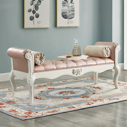Traditional European Fabric Microfiber Leather & Solid Wood Rectangular Shoe Bench With Armrests For Bedroom