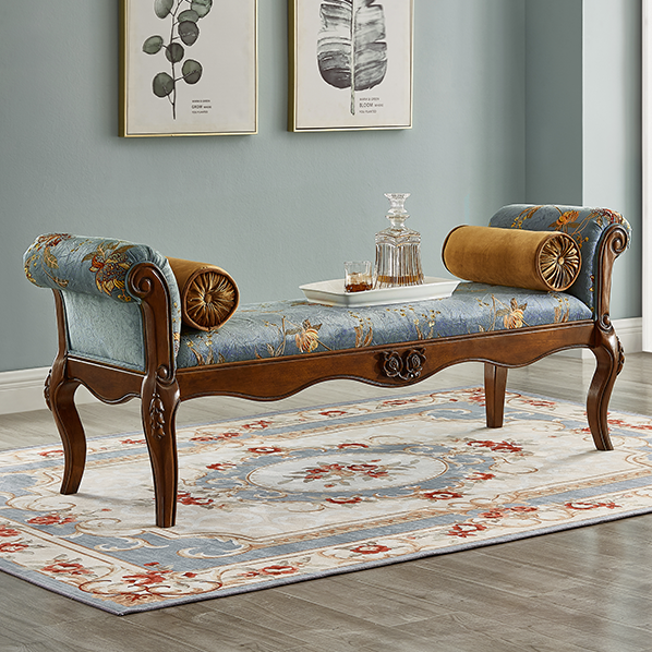 Traditional European Fabric Microfiber Leather & Solid Wood Rectangular Shoe Bench With Armrests For Bedroom