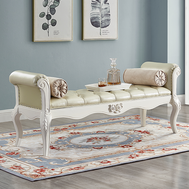 Traditional European Fabric Microfiber Leather & Solid Wood Rectangular Shoe Bench With Armrests For Bedroom