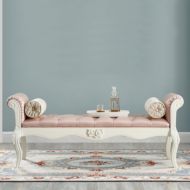 Traditional European Fabric Microfiber Leather & Solid Wood Rectangular Shoe Bench With Armrests For Bedroom