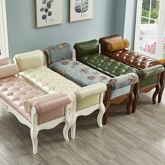 Traditional European Fabric Microfiber Leather & Solid Wood Rectangular Shoe Bench With Armrests For Bedroom