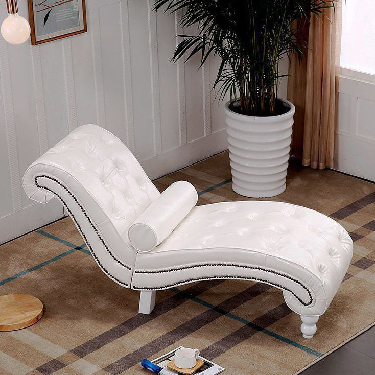 Traditional European Wood Velvet And Leather Curved Chaise Lounge Recliner With Backrest For Living Room And Bedroom