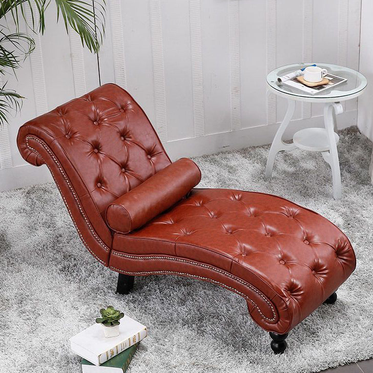 Traditional European Wood Velvet And Leather Curved Chaise Lounge Recliner With Backrest For Living Room And Bedroom