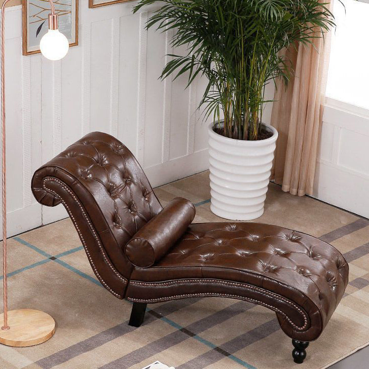 Traditional European Wood Velvet And Leather Curved Chaise Lounge Recliner With Backrest For Living Room And Bedroom