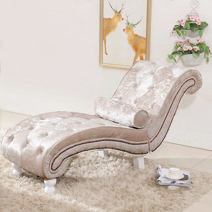 Traditional European Wood Velvet And Leather Curved Chaise Lounge Recliner With Backrest For Living Room And Bedroom