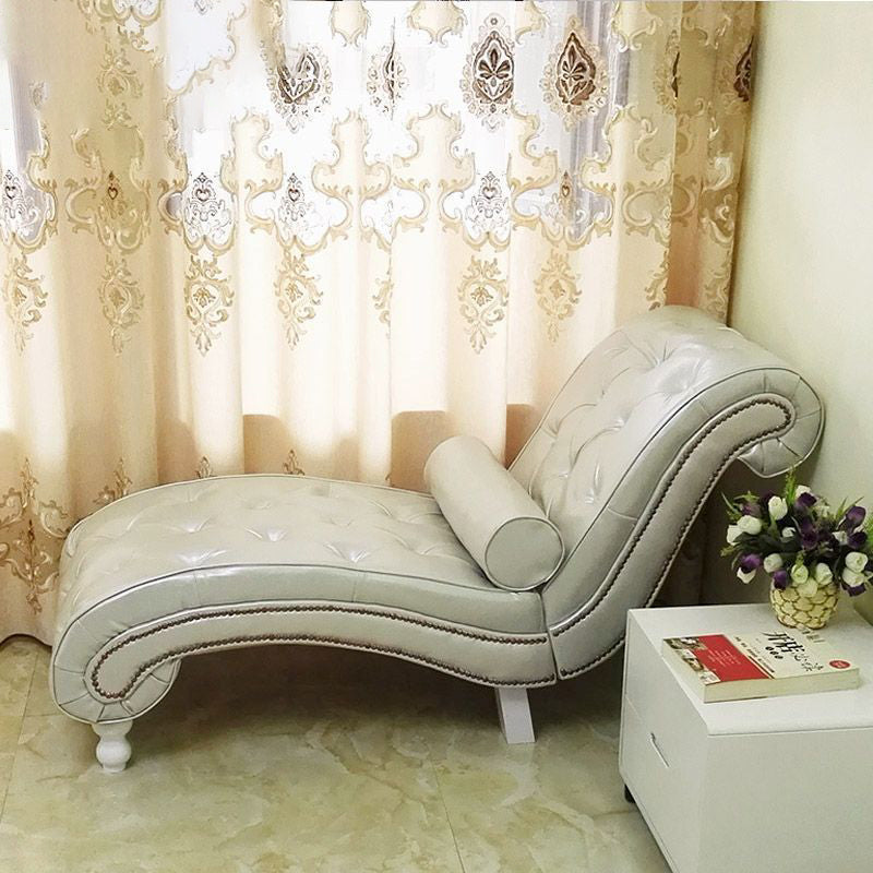 Traditional European Wood Velvet And Leather Curved Chaise Lounge Recliner With Backrest For Living Room And Bedroom