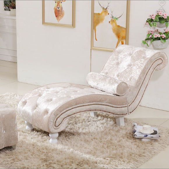 Traditional European Wood Velvet And Leather Curved Chaise Lounge Recliner With Backrest For Living Room And Bedroom