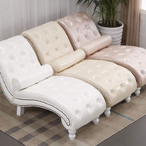 Traditional European Wood Velvet And Leather Curved Chaise Lounge Recliner With Backrest For Living Room And Bedroom