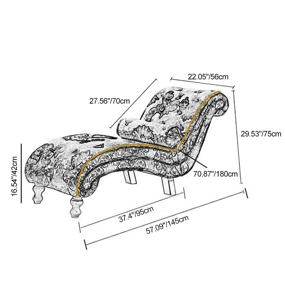 Traditional European Wood Velvet And Leather Curved Chaise Lounge Recliner With Backrest For Living Room And Bedroom