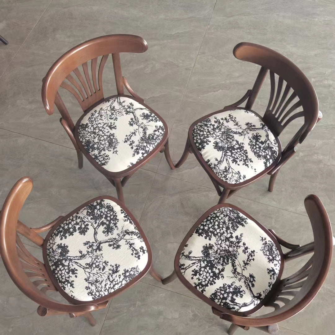 Contemporary Retro Beech Wood Fabric Rattan Faux Leather Seat Round Curved Dining Chair Backrest For Dining Room