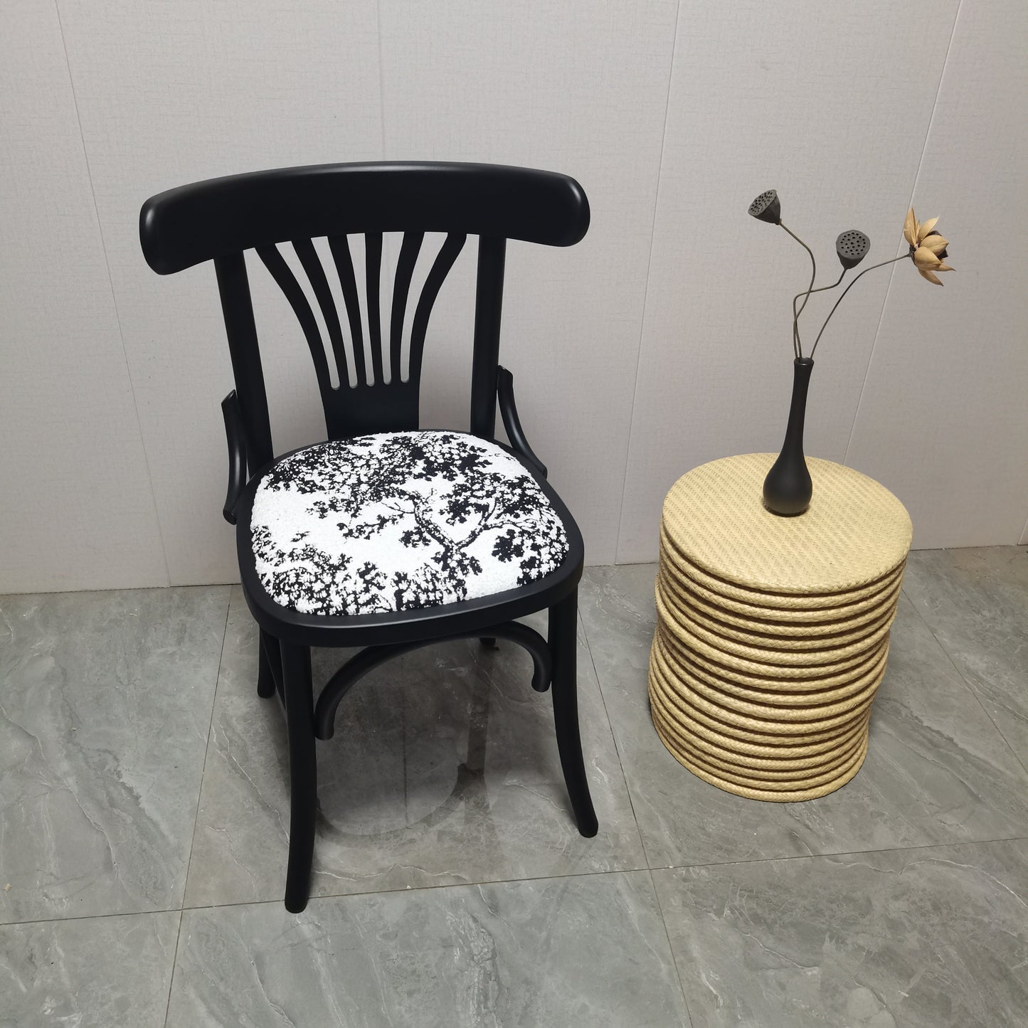 Contemporary Retro Beech Wood Fabric Rattan Faux Leather Seat Round Curved Dining Chair Backrest For Dining Room