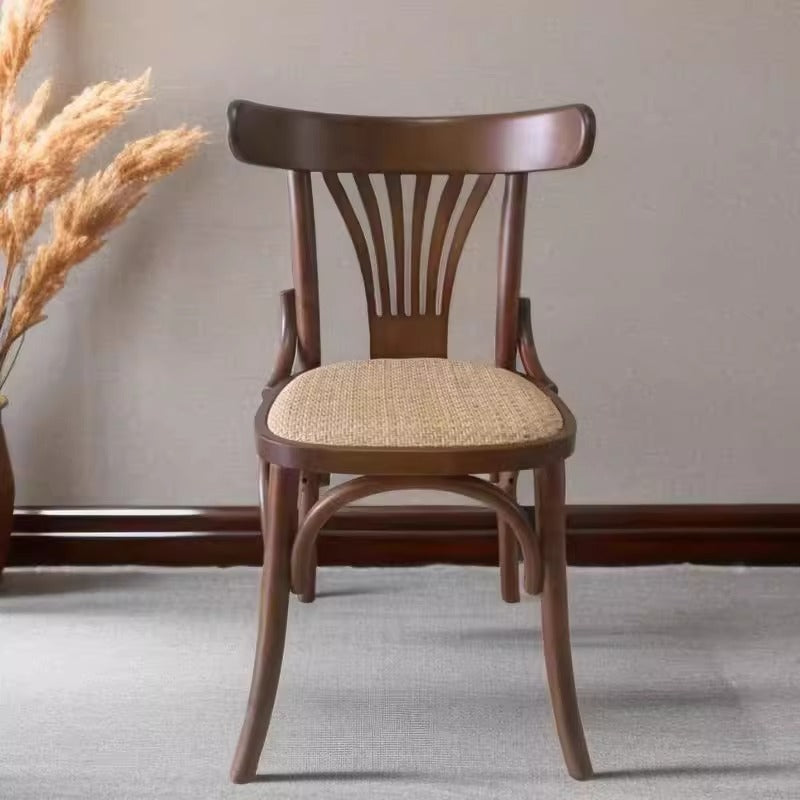 Contemporary Retro Beech Wood Fabric Rattan Faux Leather Seat Round Curved Dining Chair Backrest For Dining Room